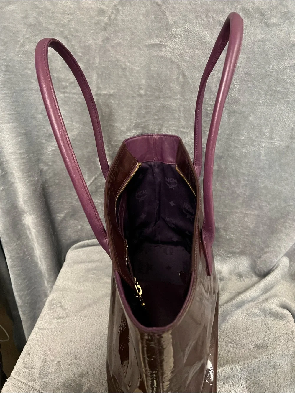 MCM Patent Tote in Dark Brown with Plum Handles